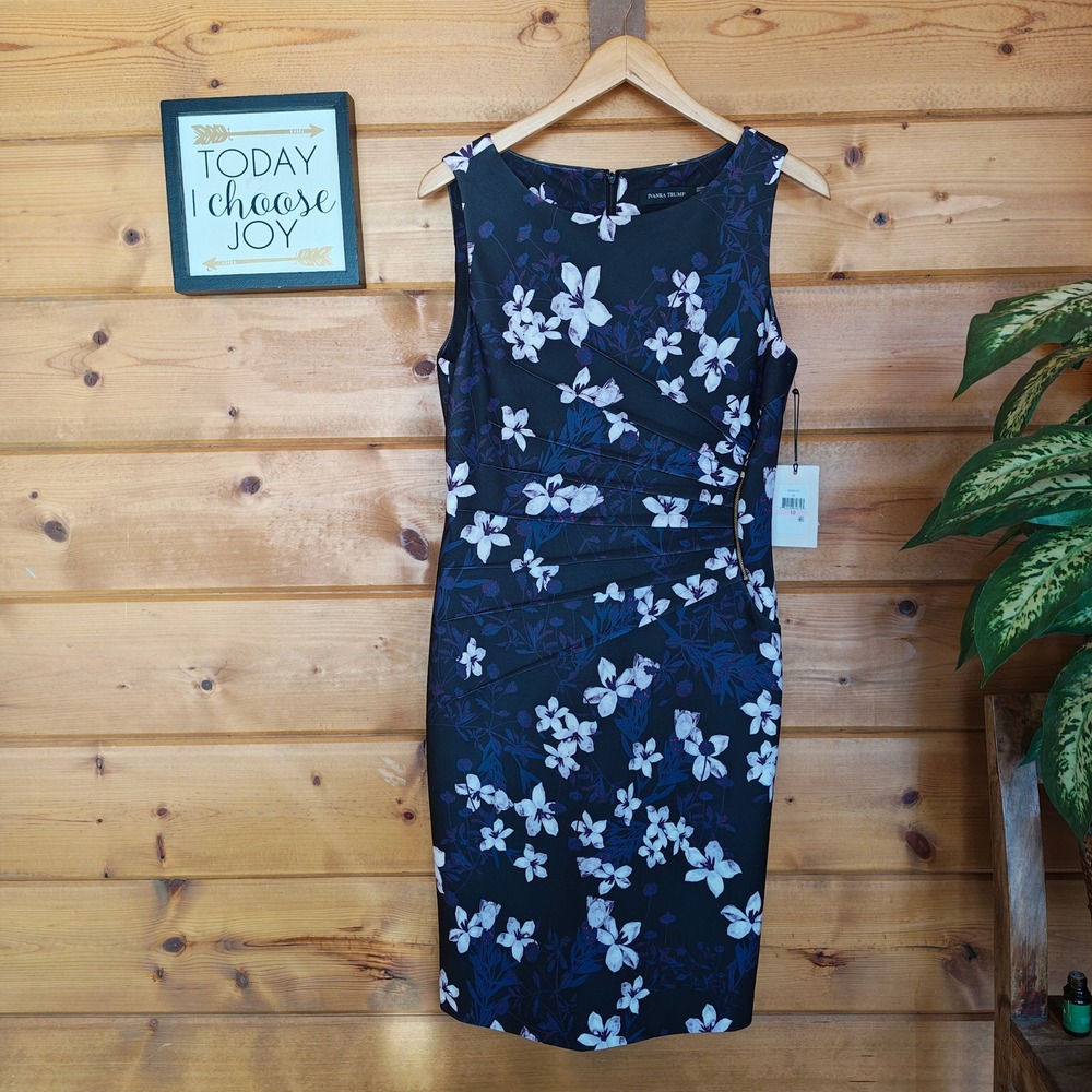 Ivanka Trump NWT Scuba Pleat Black Sheath Pencil Dress Lill Floral Zipper Sz 10